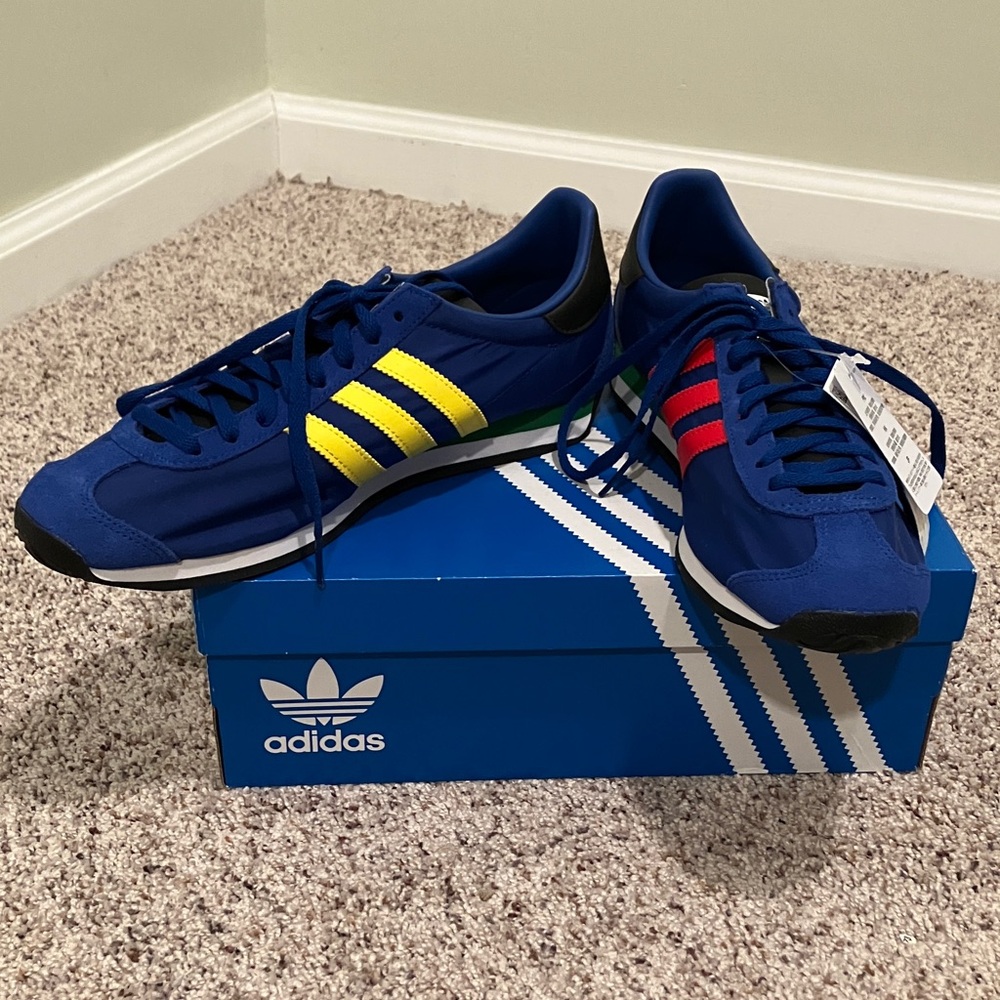 Adidas Men's Country OG Royal Blue Sneakers with Yellow and Red Accents - 10.5US